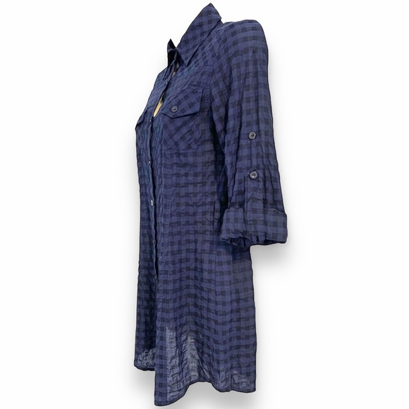 Solemio | NWOT Shirt Dress Tunic Blouse Tie Waist Blue-Black Checkered  S - Picture 4 of 16